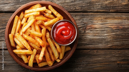 Golden French Fries with Ketchup on Rustic Wooden Table.