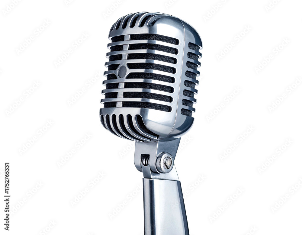 Fototapeta premium Classic retro microphone with polished metal body and black grille on stand