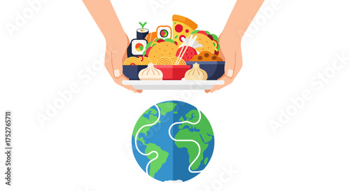 Hands holding a plate of international foods above the Earth.