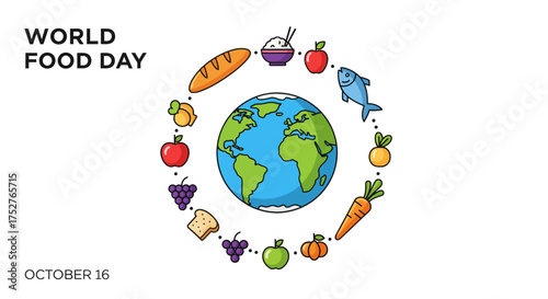Illustration of World Food Day with a globe surrounded by various food items like bread, fruits, vegetables, and fish, set against a white background.