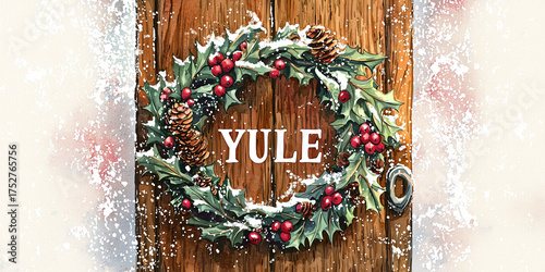 Festive watercolor illustration of a Yule wreath with holly, berries, and a red bow.