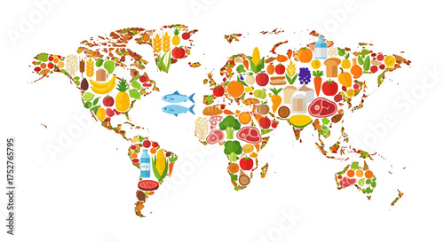 World map made of food items, representing global cuisine and agriculture.