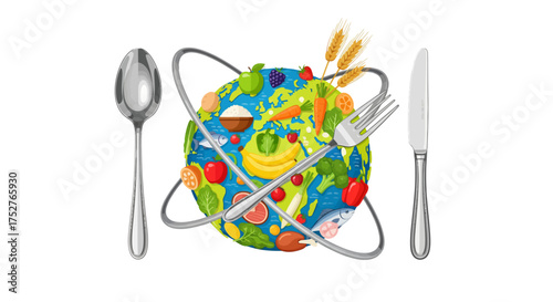 A globe covered with diverse foods, orbited by a fork and knife, symbolizing world cuisine and global nutrition.