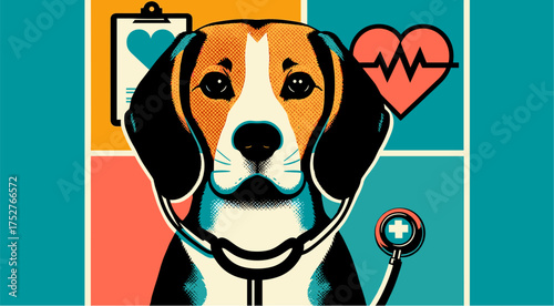 Beagle with stethoscope and clipboard with a heart icon, therapy dog in pop art design