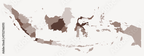 Map of Indonesia with regions. Just a simple country border map with region division. Brown color palette. Blank Indonesia shape with administrative division. Vector illustration.