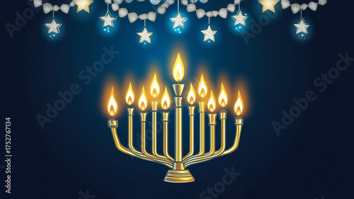 Lit menorah against a dark blue background with stars. Perfect for Hanukkah celebrations.