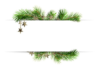 Decorative green twigs of Chrismas tree and silver garlands with empty space for text isolated on white or transparent background