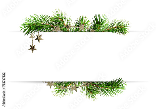 Decorative green twigs of Chrismas tree and silver garlands with empty space for text isolated on white or transparent background