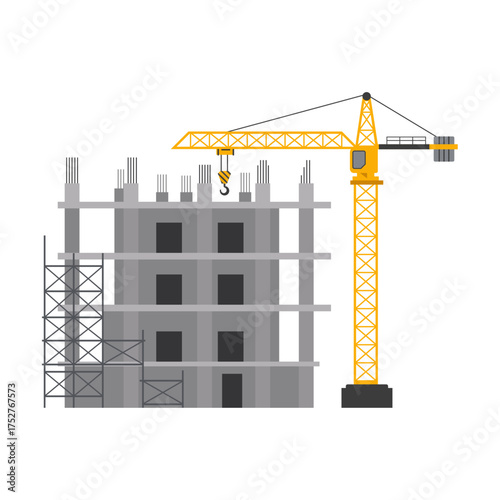 Building construction with tower crane. Vector illustration.