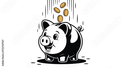 Joyful piggy bank happily collecting falling coins, symbolizing savings and financial growth.