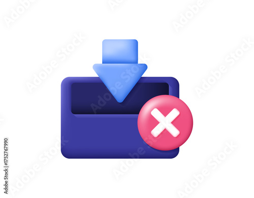 a concept of a failed download. a file download is unsuccessful or incomplete. error or corruption. illustration of a down arrow, a basket, and a cross. 3d style design. elements, symbols