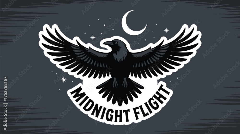 Obraz premium Mysterious raven with outstretched wings under a starry night sky and crescent moon