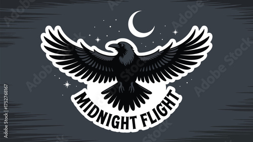 Mysterious raven with outstretched wings under a starry night sky and crescent moon