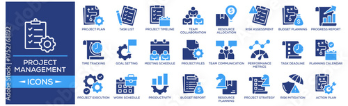 Project Management icon set. Containing design Project Plan, Task List, Project Timeline, Team Collaboration, Action Plan. Solid icon collection.