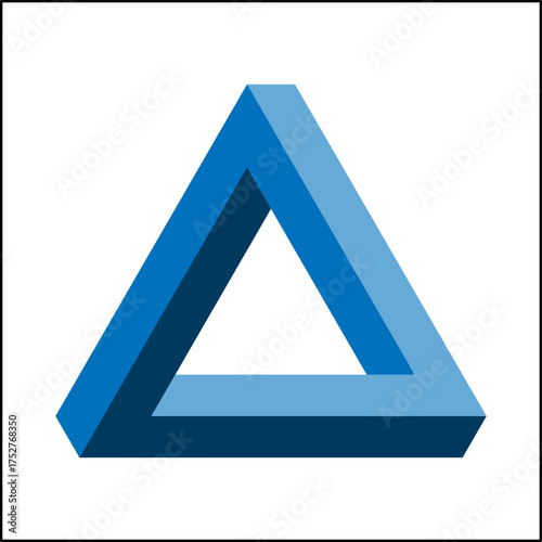 This artwork displays a Penrose triangle, an impossible object featuring three-dimensional shapes intertwined. The design highlights varying blue tones against a simple white background.