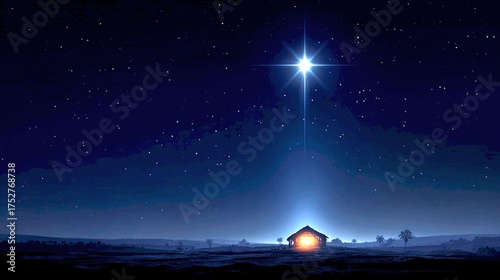 Postal navideña, estrella de Belen sobre el portal