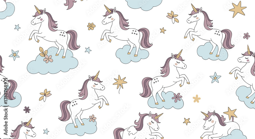 Obraz premium A whimsical collection of magical unicorns prancing among fluffy clouds and sparkling stars.