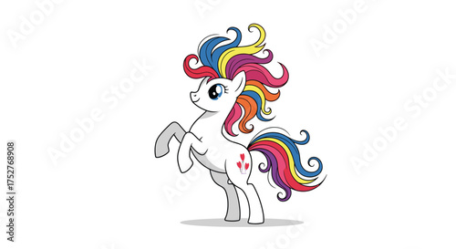A cute white unicorn with a colorful mane and tail prancing.
