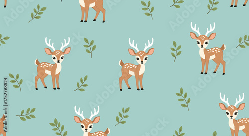 A charming pattern of small deer with antlers and green leaves on a soft blue background.