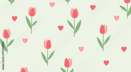 A charming repeating pattern of tulips and small hearts creates a lovely floral design.