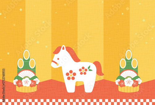 new years greeting card with a horse figure, the Chinese or Japanese zodiac sign for the Year of the Horse