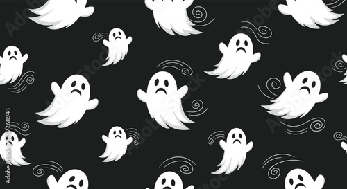 Spooky cute ghosts floating around on a dark background.