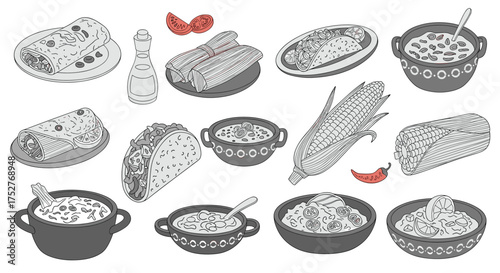 A collection of delicious food items including tacos corn and other traditional dishes.