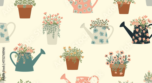 A delightful pattern of vintage watering cans overflowing with charming floral arrangements.
