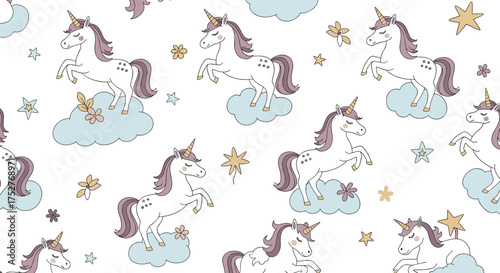 A whimsical collection of magical unicorns prancing among fluffy clouds and sparkling stars.