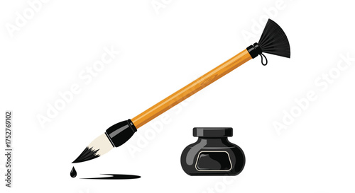 A traditional Chinese calligraphy brush with black ink spills and a small ink stone.