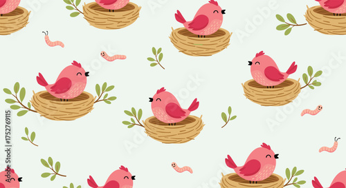 Cute pink birds in nests with little worms and green leaves.