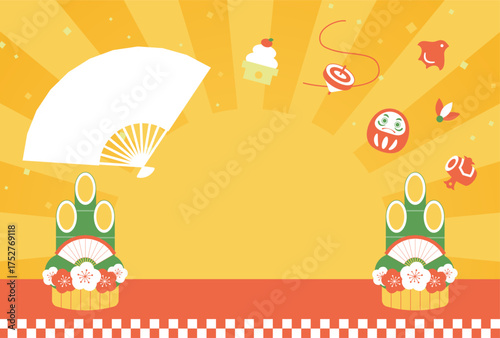 Japanese style new years vector background with a set of traditional lucky charms
