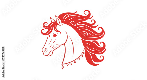 A stylized red horse head with a flowing mane on a white background.