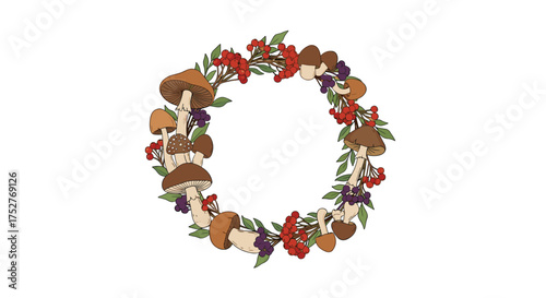 A whimsical circular arrangement of woodland mushrooms and forest berries forming a natural wreath.