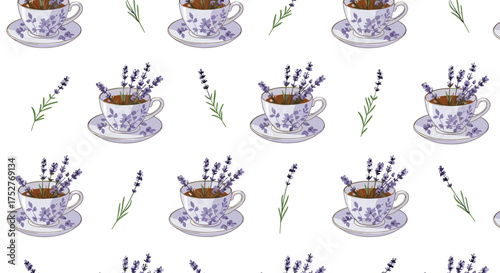 A charming repeating pattern of teacups filled with lavender sprigs