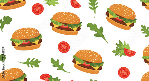 A seamless pattern of delicious burgers with fresh lettuce and ripe tomatoes.