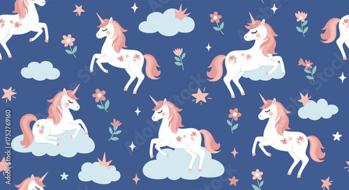 Enchanting unicorn herd dances across a starry night sky.