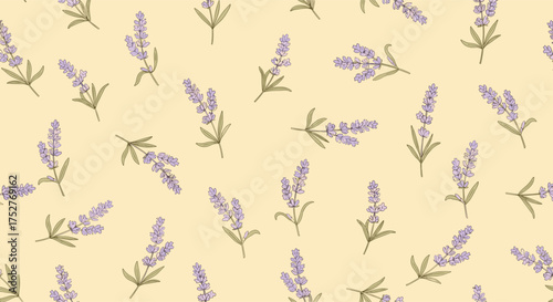 A delightful pattern featuring scattered lavender sprigs on a soft yellow background.