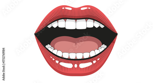 A pair of bright red lips open wide showing pearly white teeth.