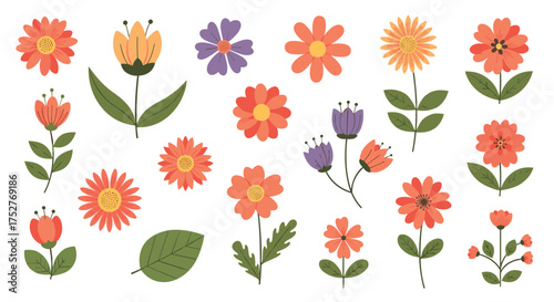 A delightful collection of stylized blooming flowers in various shapes and colors.