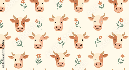 A cute pixel art pattern featuring cow faces and delicate floral elements.