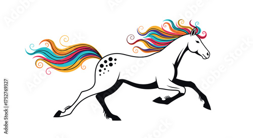 A beautiful white horse with a flowing colorful mane and tail gallops gracefully.