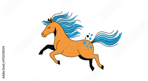 A whimsical orange horse with a flowing blue mane and tail gallops across a white background.