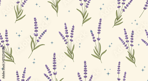 Seamless pattern of blooming lavender flowers with small scattered blue sparks on a cream background.