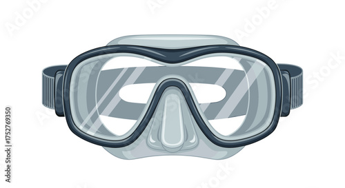 A pixel art illustration of a clear diving mask with a gray frame and adjustable straps.