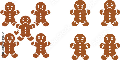  vector illustration features a collection of gingerbread man icons displaying various emotions, ideal for holiday or sweet food themes. 