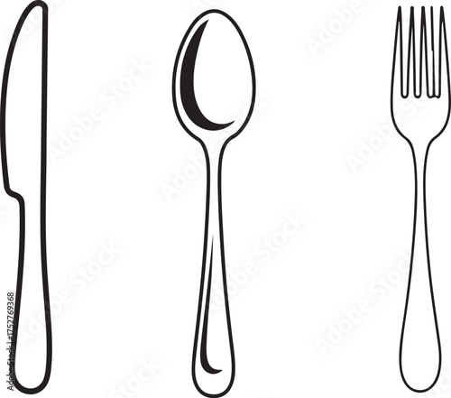 Cutlery set icons sign vector.Fork, Knife and Spoon icon set.Simple line art illustration of fork, knife, and spoon in black outline stock vector icon in line style.