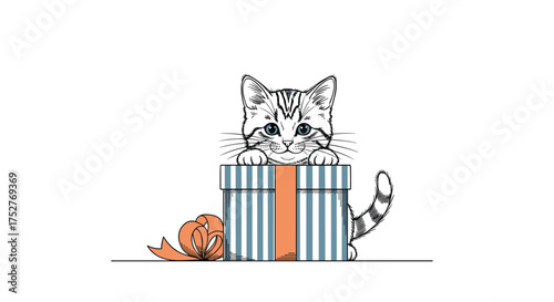 A curious kitten peeking out of a blue striped gift box tied with an orange ribbon.