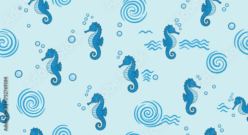 A charming blue seahorse pattern with swirling ocean elements and bubbles evokes a sense of underwater wonder.