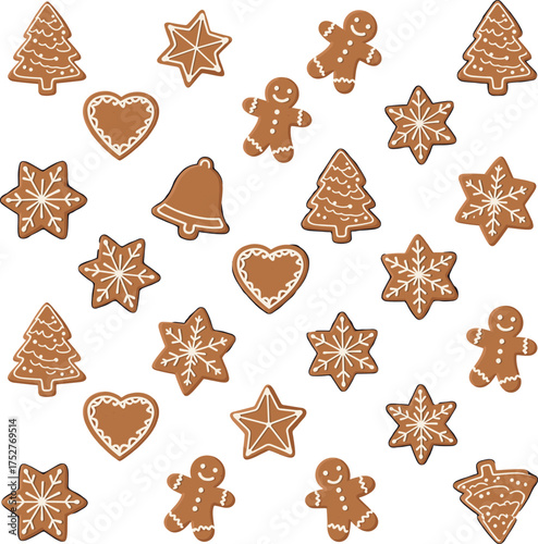  seamless repeating pattern showcases a variety of classic gingerbread cookies, featuring traditional holiday shapes like stars, trees, and gingerbread men